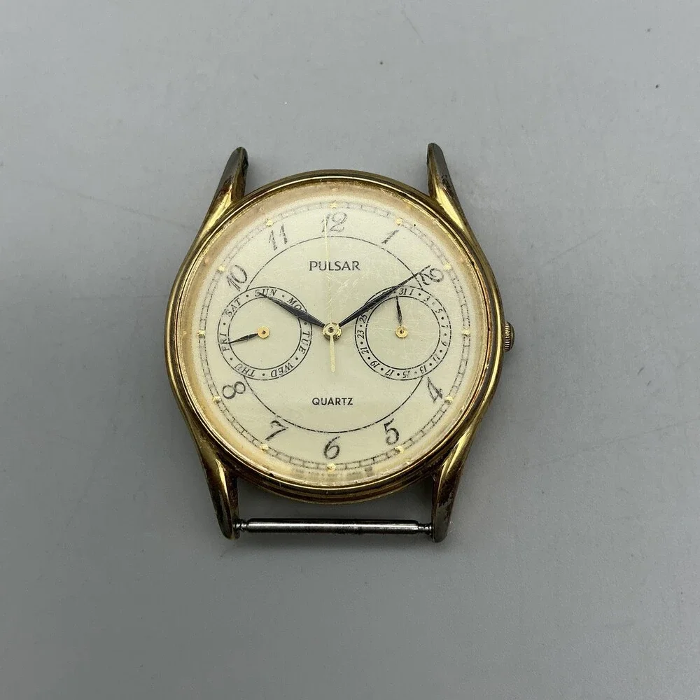 Pulsar Mens Watch 32mm Cream Dial Gold Tone Day Date V336-7000 For Parts